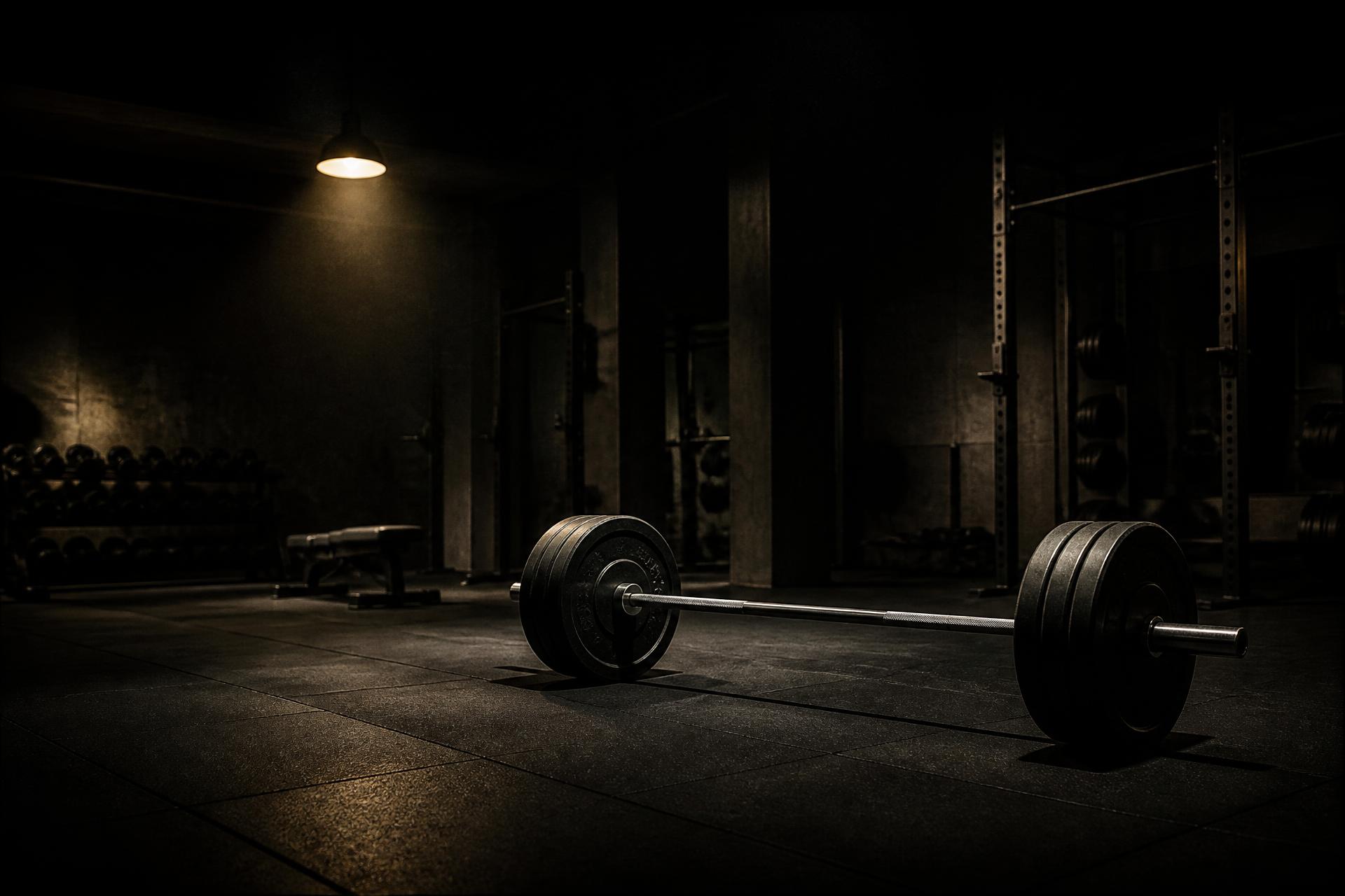 Loaded barbell resting on the floor of a dim private training studio under a single warm lamp